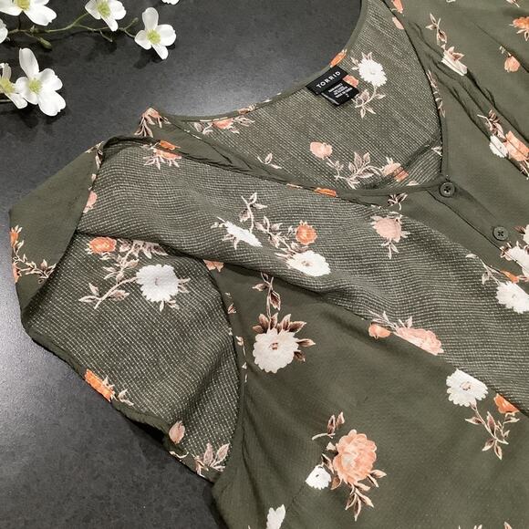 Torrid Floral Pin Tuck Button Front Flutter Ruffle Sleeve Yoked Top Army Green - Picture 11 of 16